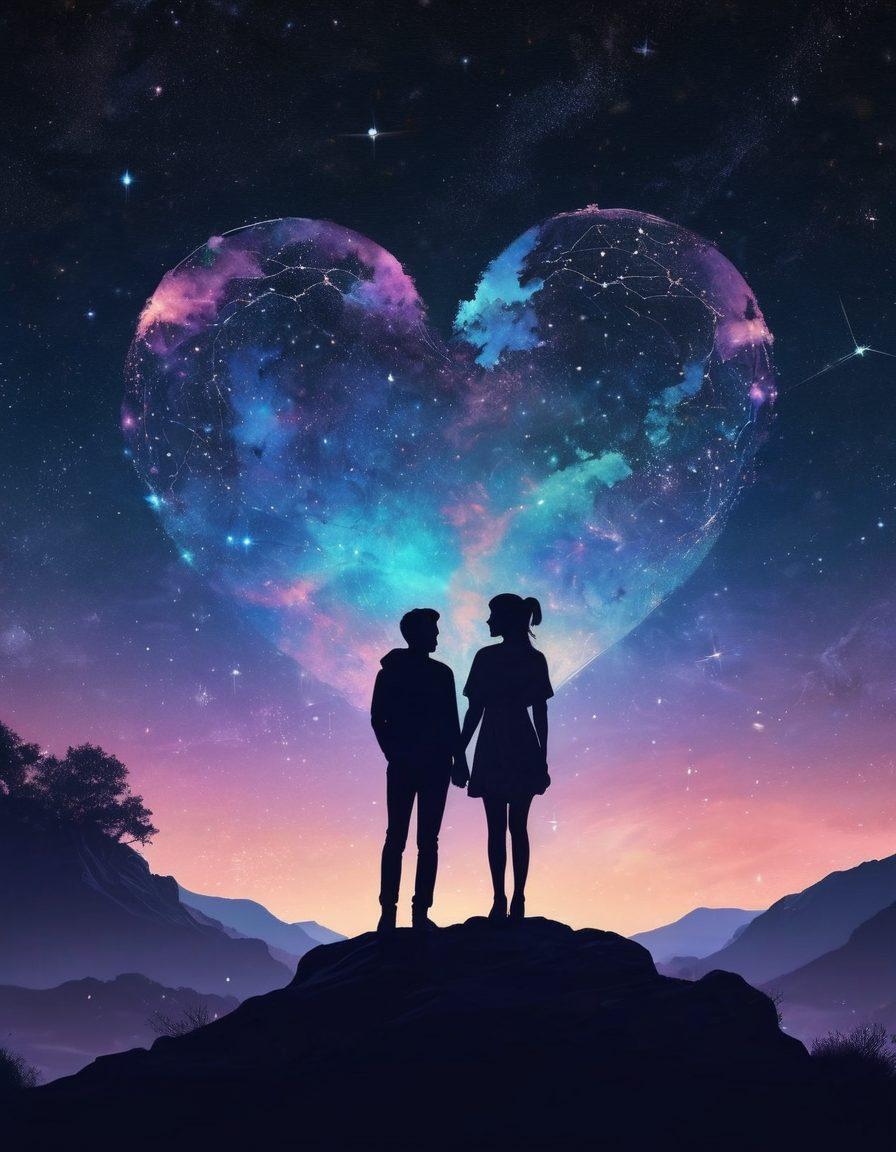 A cosmic backdrop featuring a starry night sky where constellations form heart shapes, intertwined with silhouettes of couples enjoying romantic moments. Include ethereal glowing planets in soft pastel colors, cosmic dust shimmering in the air, and a dreamy ambiance that evokes love and destiny. Add subtle astrological symbols woven into the stars. vibrant colors. dreamy. super-realistic.