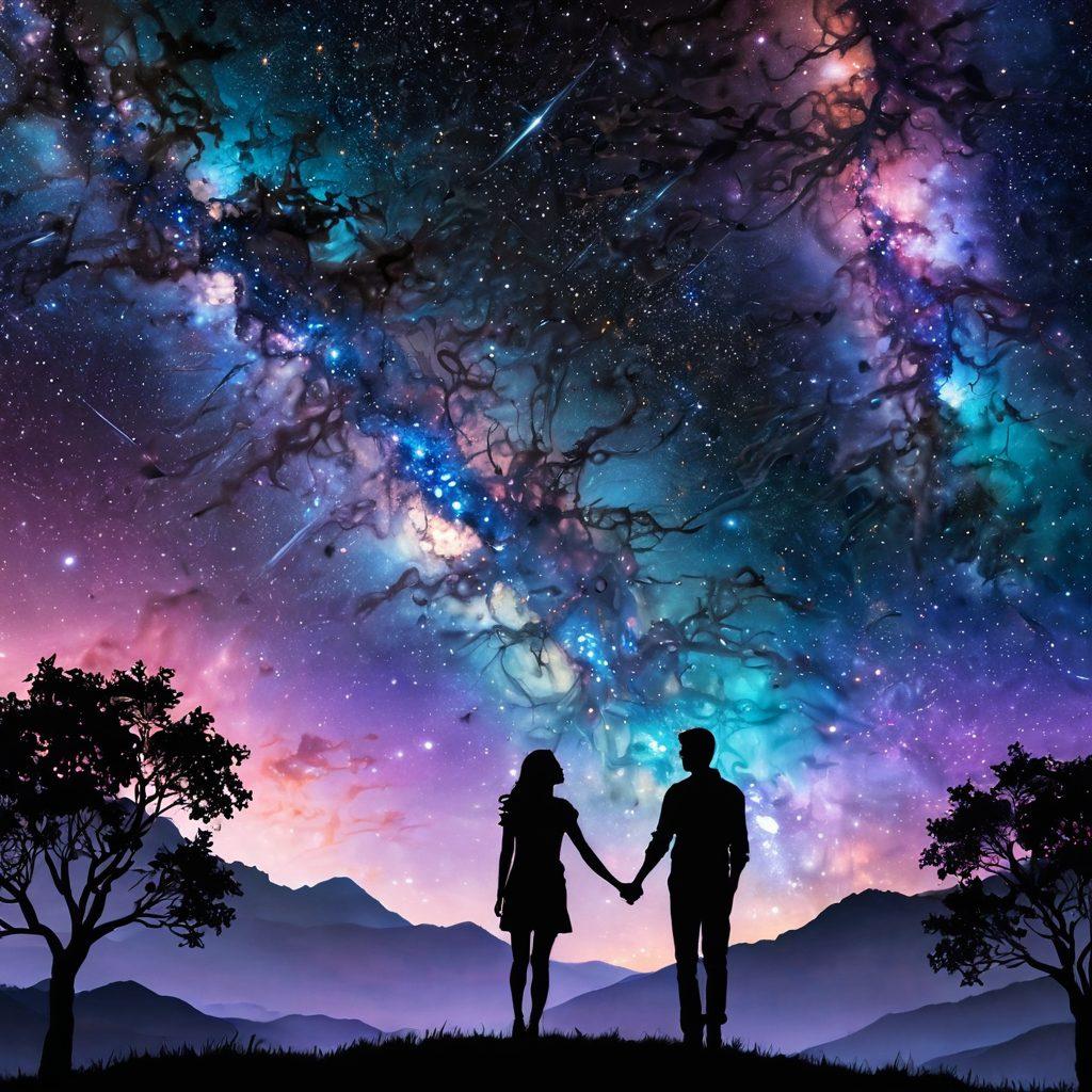A dazzling cosmic backdrop filled with stars and galaxies, featuring silhouettes of diverse couples from various cultures connecting through glowing celestial threads. Incorporate elements of romance and intimacy, such as soft heart shapes and shimmering stars surrounding them, to depict love in the universe. The colors should be vibrant and dreamlike, blending deep blues, purples, and pinks. surreal, vibrant colors, cosmic theme, starry night.