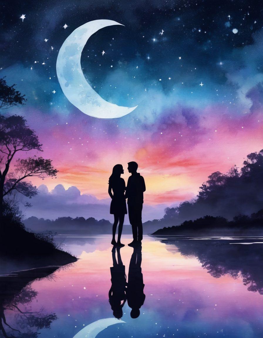 A dreamy night sky filled with twinkling stars and soft, swirling clouds, with two silhouettes of couples gazing at the universe together, surrounded by glowing hearts floating in the air. The scene is enhanced by a gentle glow of the moon casting reflections on a serene landscape below. A map of the world subtly integrated in the background, hinting at global love connections. watercolor painting. vibrant colors. ethereal ambiance.